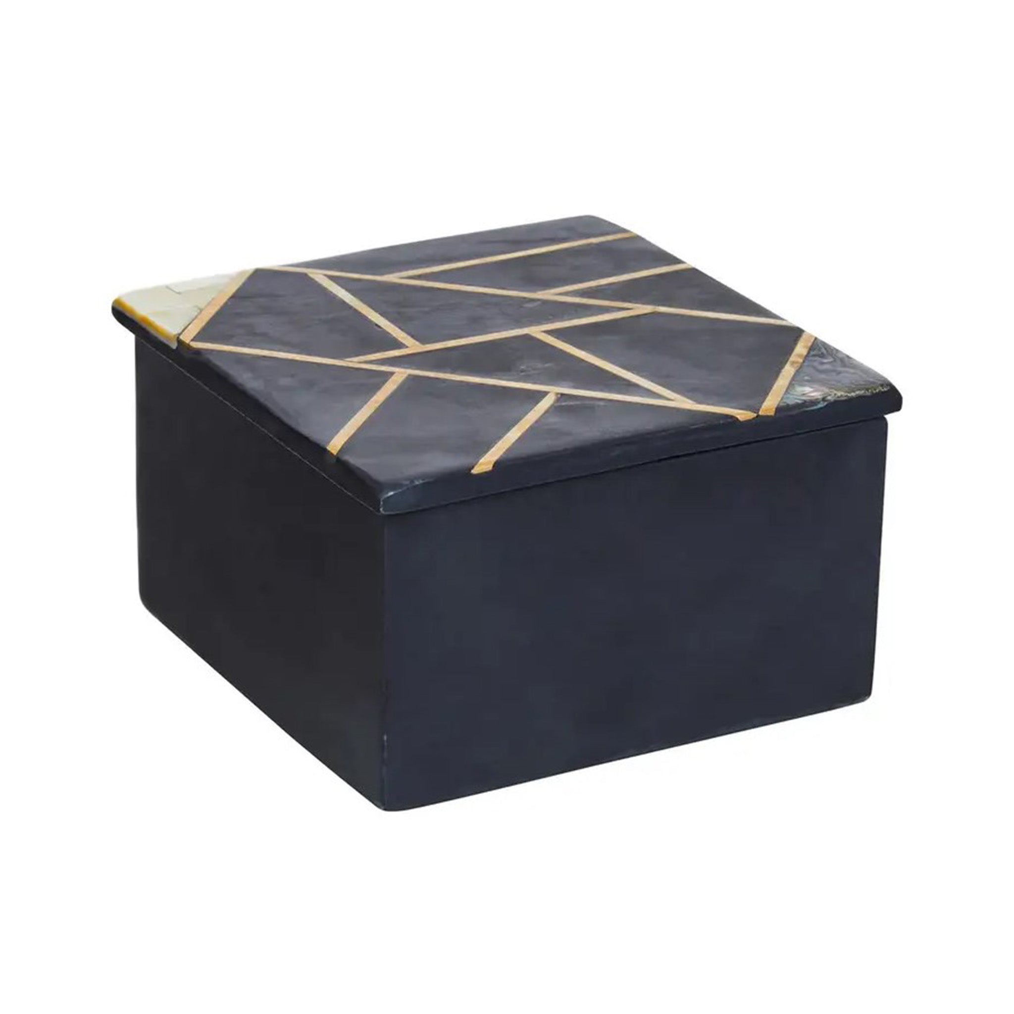 This beautiful square shape trinket box is made from black slate, and has a separate lid with a geometric design of gold inlay and mother of pearl inlay. This is the smaller of two sizes of this box.
Dimensions: H80 x L130 x W130 mm
Materials: Slate